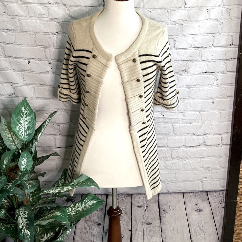 Love By Design Large tan with black horizontal stripes 3/4 sleeve cardigan